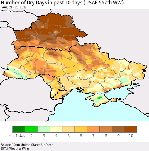 Ukraine, Moldova and Belarus Number of Dry Days in past 10 days (USAF 557th WW) Thematic Map For 8/21/2022 - 8/25/2022