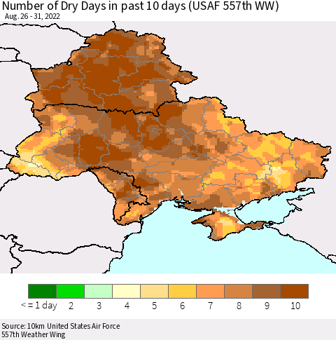 Ukraine, Moldova and Belarus Number of Dry Days in past 10 days (USAF 557th WW) Thematic Map For 8/26/2022 - 8/31/2022