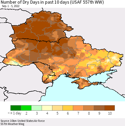 Ukraine, Moldova and Belarus Number of Dry Days in past 10 days (USAF 557th WW) Thematic Map For 9/1/2022 - 9/5/2022