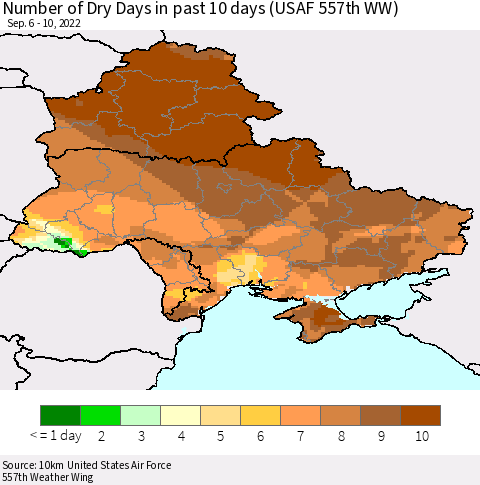 Ukraine, Moldova and Belarus Number of Dry Days in past 10 days (USAF 557th WW) Thematic Map For 9/6/2022 - 9/10/2022
