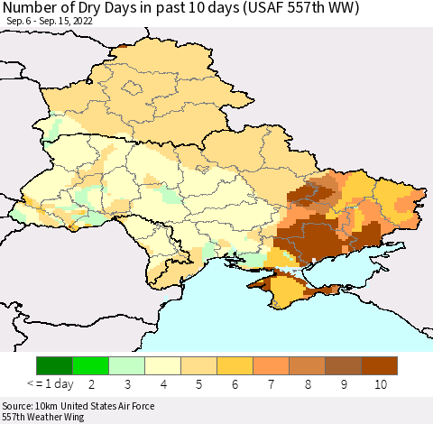 Ukraine, Moldova and Belarus Number of Dry Days in past 10 days (USAF 557th WW) Thematic Map For 9/11/2022 - 9/15/2022