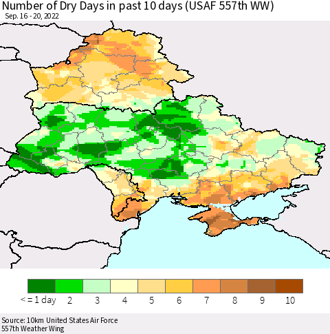 Ukraine, Moldova and Belarus Number of Dry Days in past 10 days (USAF 557th WW) Thematic Map For 9/16/2022 - 9/20/2022