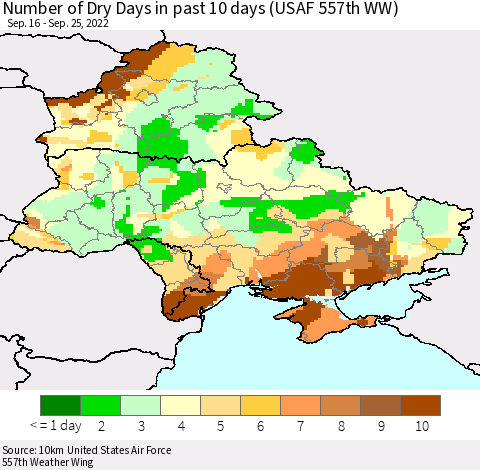 Ukraine, Moldova and Belarus Number of Dry Days in past 10 days (USAF 557th WW) Thematic Map For 9/21/2022 - 9/25/2022
