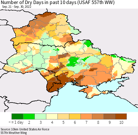 Ukraine, Moldova and Belarus Number of Dry Days in past 10 days (USAF 557th WW) Thematic Map For 9/26/2022 - 9/30/2022