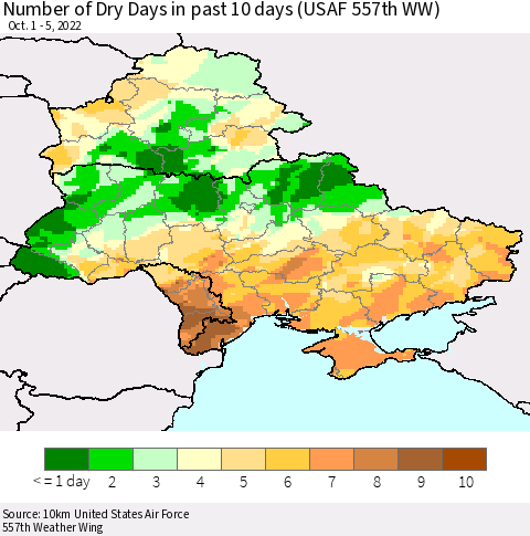 Ukraine, Moldova and Belarus Number of Dry Days in past 10 days (USAF 557th WW) Thematic Map For 10/1/2022 - 10/5/2022
