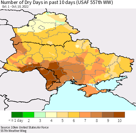 Ukraine, Moldova and Belarus Number of Dry Days in past 10 days (USAF 557th WW) Thematic Map For 10/6/2022 - 10/10/2022