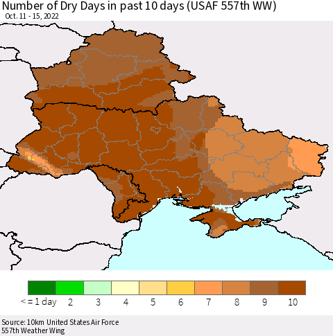 Ukraine, Moldova and Belarus Number of Dry Days in past 10 days (USAF 557th WW) Thematic Map For 10/11/2022 - 10/15/2022