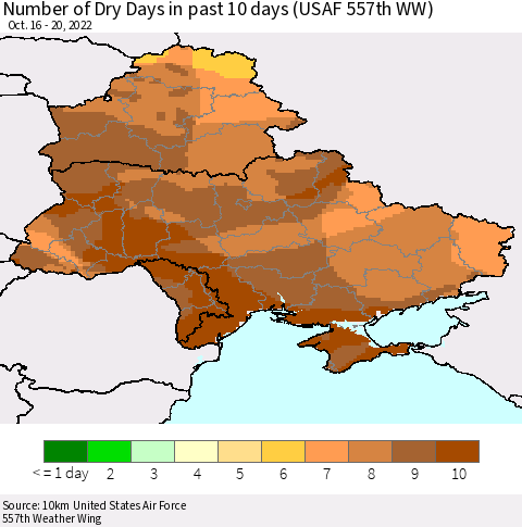 Ukraine, Moldova and Belarus Number of Dry Days in past 10 days (USAF 557th WW) Thematic Map For 10/16/2022 - 10/20/2022