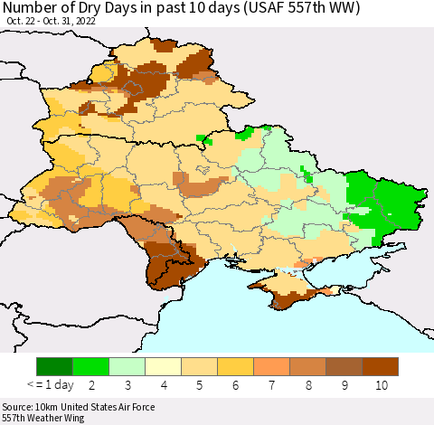 Ukraine, Moldova and Belarus Number of Dry Days in past 10 days (USAF 557th WW) Thematic Map For 10/26/2022 - 10/31/2022