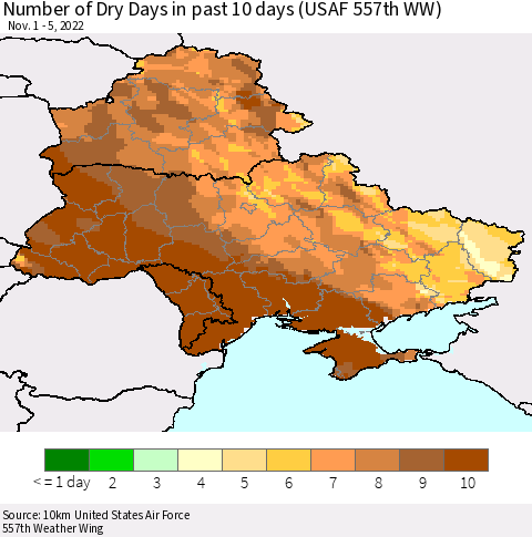 Ukraine, Moldova and Belarus Number of Dry Days in past 10 days (USAF 557th WW) Thematic Map For 11/1/2022 - 11/5/2022