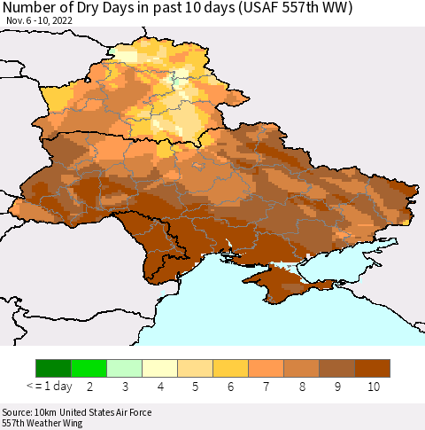 Ukraine, Moldova and Belarus Number of Dry Days in past 10 days (USAF 557th WW) Thematic Map For 11/6/2022 - 11/10/2022