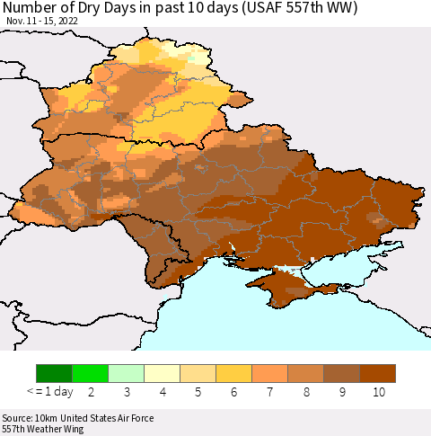 Ukraine, Moldova and Belarus Number of Dry Days in past 10 days (USAF 557th WW) Thematic Map For 11/11/2022 - 11/15/2022