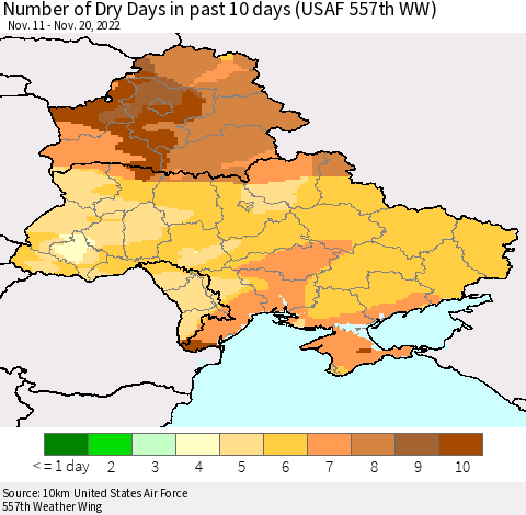 Ukraine, Moldova and Belarus Number of Dry Days in past 10 days (USAF 557th WW) Thematic Map For 11/16/2022 - 11/20/2022