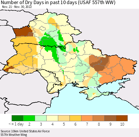 Ukraine, Moldova and Belarus Number of Dry Days in past 10 days (USAF 557th WW) Thematic Map For 11/26/2022 - 11/30/2022