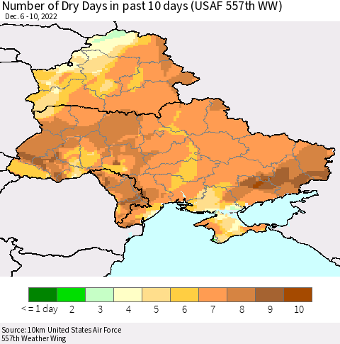 Ukraine, Moldova and Belarus Number of Dry Days in past 10 days (USAF 557th WW) Thematic Map For 12/6/2022 - 12/10/2022