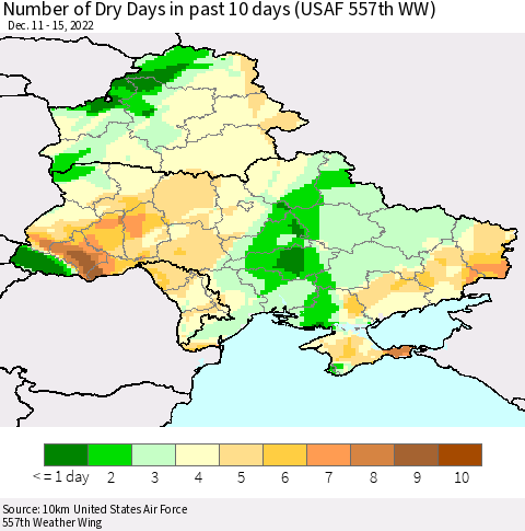 Ukraine, Moldova and Belarus Number of Dry Days in past 10 days (USAF 557th WW) Thematic Map For 12/11/2022 - 12/15/2022