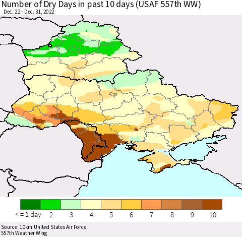 Ukraine, Moldova and Belarus Number of Dry Days in past 10 days (USAF 557th WW) Thematic Map For 12/26/2022 - 12/31/2022