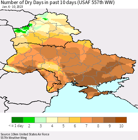 Ukraine, Moldova and Belarus Number of Dry Days in past 10 days (USAF 557th WW) Thematic Map For 1/6/2023 - 1/10/2023