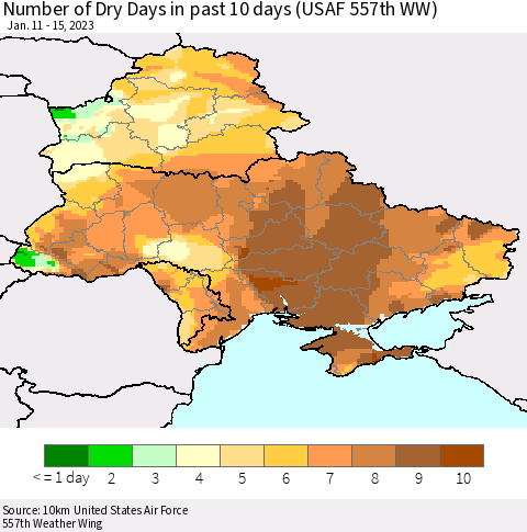 Ukraine, Moldova and Belarus Number of Dry Days in past 10 days (USAF 557th WW) Thematic Map For 1/11/2023 - 1/15/2023