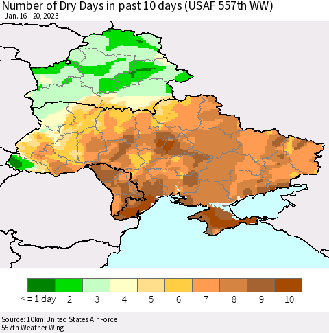 Ukraine, Moldova and Belarus Number of Dry Days in past 10 days (USAF 557th WW) Thematic Map For 1/16/2023 - 1/20/2023