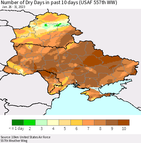Ukraine, Moldova and Belarus Number of Dry Days in past 10 days (USAF 557th WW) Thematic Map For 1/26/2023 - 1/31/2023