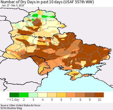 Ukraine, Moldova and Belarus Number of Dry Days in past 10 days (USAF 557th WW) Thematic Map For 2/1/2023 - 2/5/2023