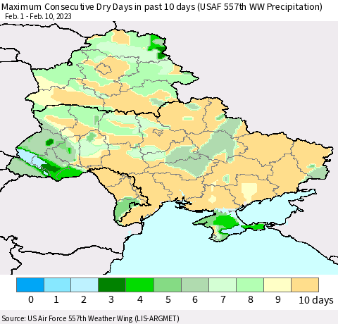 Ukraine, Moldova and Belarus Maximum Consecutive Dry Days in past 10 days (USAF 557th WW Precipitation) Thematic Map For 2/6/2023 - 2/10/2023