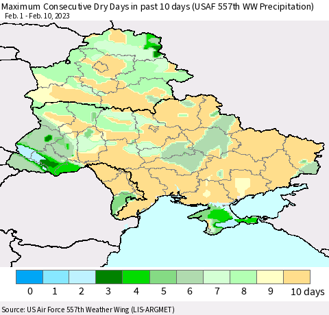 Ukraine, Moldova and Belarus Number of Dry Days in past 10 days (USAF 557th WW) Thematic Map For 2/6/2023 - 2/10/2023