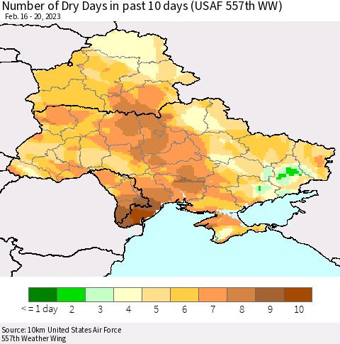 Ukraine, Moldova and Belarus Number of Dry Days in past 10 days (USAF 557th WW) Thematic Map For 2/16/2023 - 2/20/2023