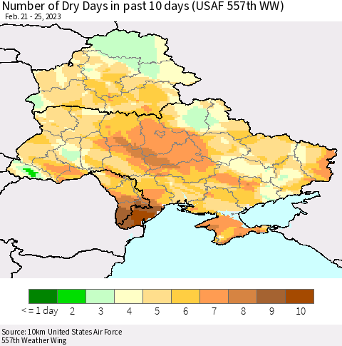 Ukraine, Moldova and Belarus Number of Dry Days in past 10 days (USAF 557th WW) Thematic Map For 2/21/2023 - 2/25/2023