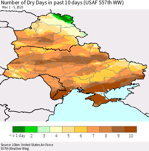 Ukraine, Moldova and Belarus Number of Dry Days in past 10 days (USAF 557th WW) Thematic Map For 3/1/2023 - 3/5/2023