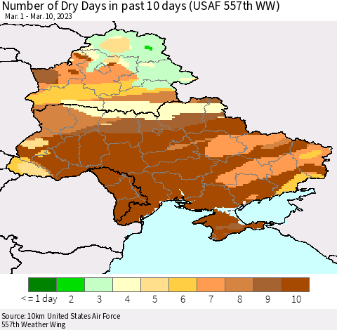 Ukraine, Moldova and Belarus Number of Dry Days in past 10 days (USAF 557th WW) Thematic Map For 3/6/2023 - 3/10/2023