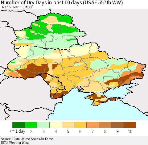 Ukraine, Moldova and Belarus Number of Dry Days in past 10 days (USAF 557th WW) Thematic Map For 3/11/2023 - 3/15/2023