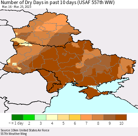 Ukraine, Moldova and Belarus Number of Dry Days in past 10 days (USAF 557th WW) Thematic Map For 3/21/2023 - 3/25/2023