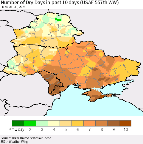 Ukraine, Moldova and Belarus Number of Dry Days in past 10 days (USAF 557th WW) Thematic Map For 3/26/2023 - 3/31/2023