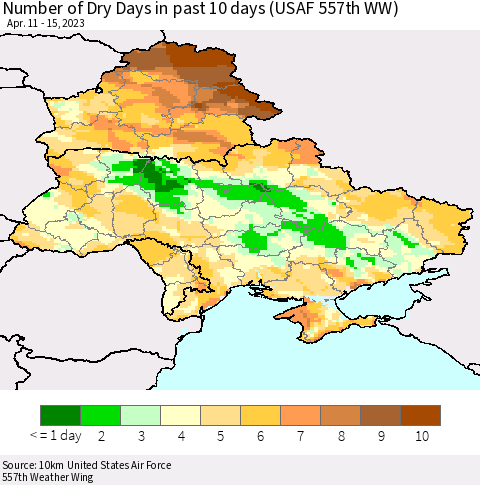 Ukraine, Moldova and Belarus Number of Dry Days in past 10 days (USAF 557th WW) Thematic Map For 4/11/2023 - 4/15/2023