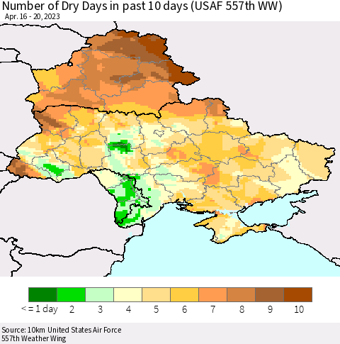 Ukraine, Moldova and Belarus Number of Dry Days in past 10 days (USAF 557th WW) Thematic Map For 4/16/2023 - 4/20/2023