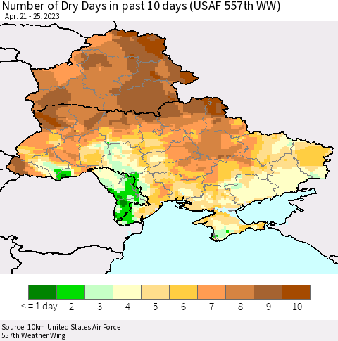 Ukraine, Moldova and Belarus Number of Dry Days in past 10 days (USAF 557th WW) Thematic Map For 4/21/2023 - 4/25/2023