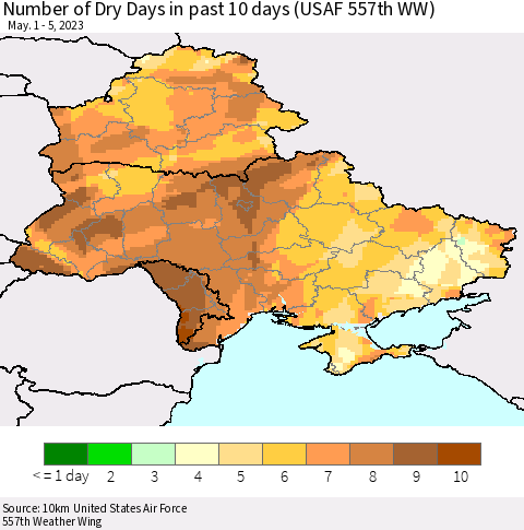Ukraine, Moldova and Belarus Number of Dry Days in past 10 days (USAF 557th WW) Thematic Map For 5/1/2023 - 5/5/2023