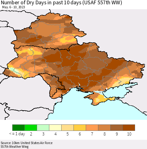 Ukraine, Moldova and Belarus Number of Dry Days in past 10 days (USAF 557th WW) Thematic Map For 5/6/2023 - 5/10/2023