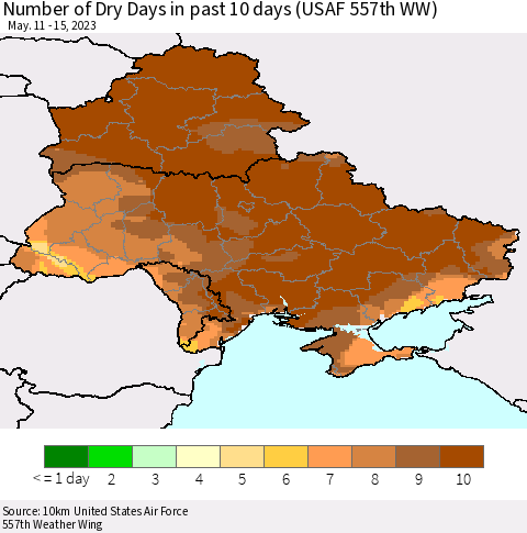 Ukraine, Moldova and Belarus Number of Dry Days in past 10 days (USAF 557th WW) Thematic Map For 5/11/2023 - 5/15/2023
