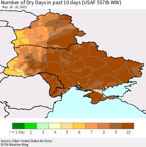Ukraine, Moldova and Belarus Number of Dry Days in past 10 days (USAF 557th WW) Thematic Map For 5/16/2023 - 5/20/2023