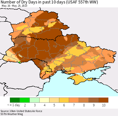 Ukraine, Moldova and Belarus Number of Dry Days in past 10 days (USAF 557th WW) Thematic Map For 5/21/2023 - 5/25/2023