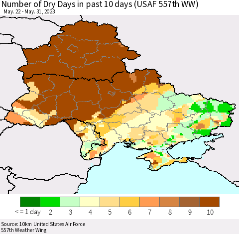 Ukraine, Moldova and Belarus Number of Dry Days in past 10 days (USAF 557th WW) Thematic Map For 5/26/2023 - 5/31/2023