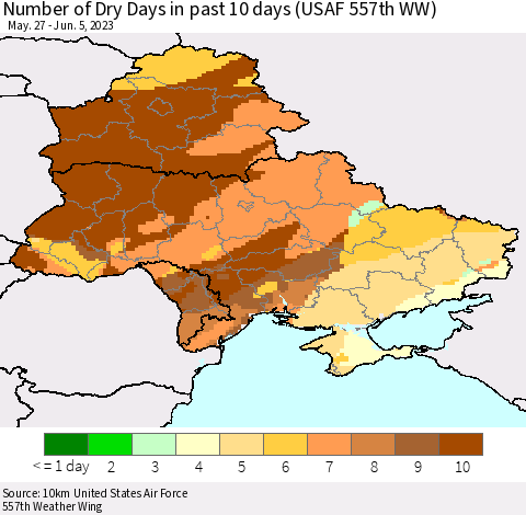 Ukraine, Moldova and Belarus Number of Dry Days in past 10 days (USAF 557th WW) Thematic Map For 6/1/2023 - 6/5/2023