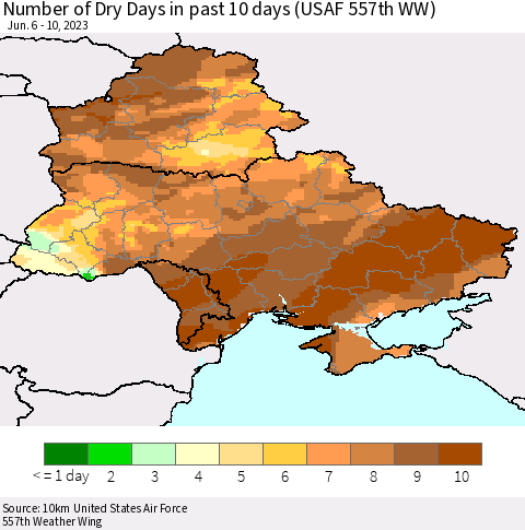 Ukraine, Moldova and Belarus Number of Dry Days in past 10 days (USAF 557th WW) Thematic Map For 6/6/2023 - 6/10/2023