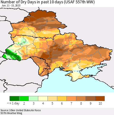 Ukraine, Moldova and Belarus Number of Dry Days in past 10 days (USAF 557th WW) Thematic Map For 6/11/2023 - 6/15/2023