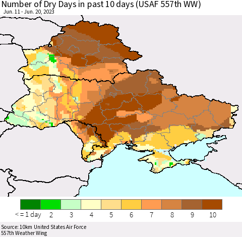 Ukraine, Moldova and Belarus Number of Dry Days in past 10 days (USAF 557th WW) Thematic Map For 6/16/2023 - 6/20/2023