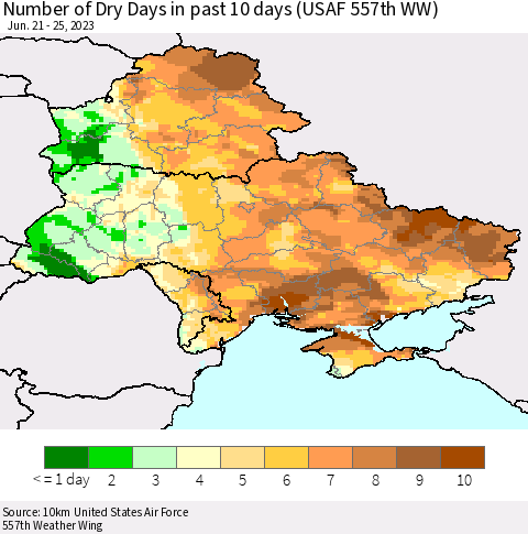 Ukraine, Moldova and Belarus Number of Dry Days in past 10 days (USAF 557th WW) Thematic Map For 6/21/2023 - 6/25/2023