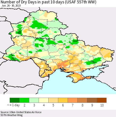 Ukraine, Moldova and Belarus Number of Dry Days in past 10 days (USAF 557th WW) Thematic Map For 6/26/2023 - 6/30/2023